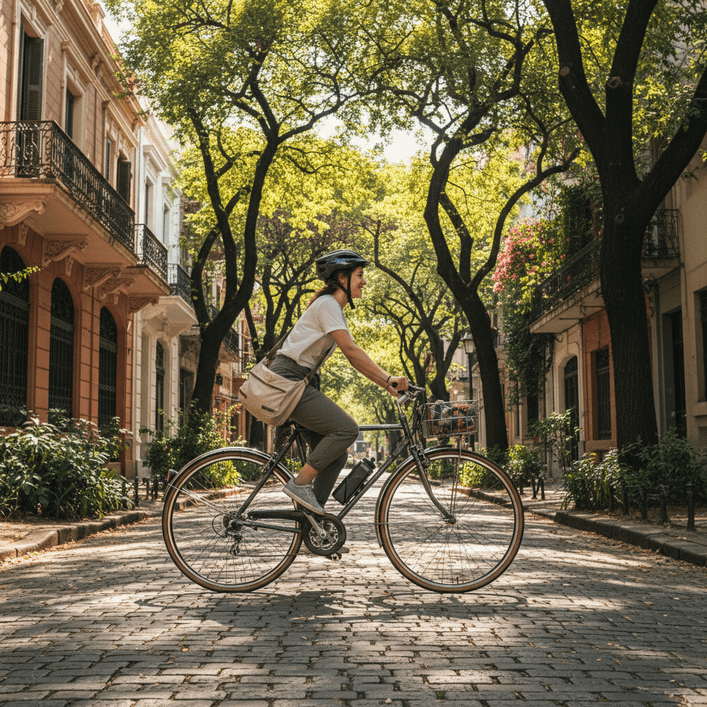 Ciclista disfrutando bicicleta convertida en calle de Buenos Aires