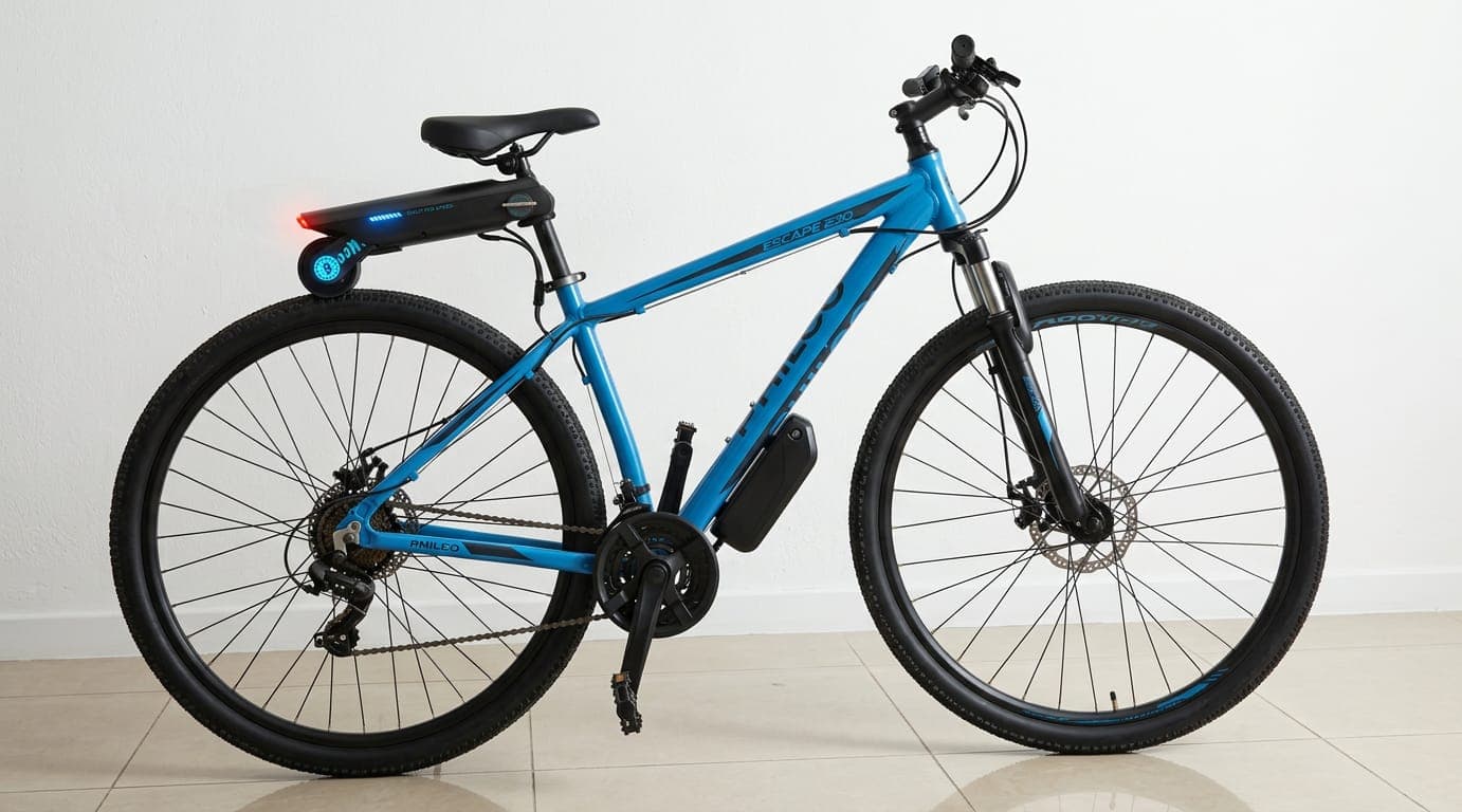 Bicicleta de montaña azul con motor eléctrico trasero y batería montada en el cuadro.