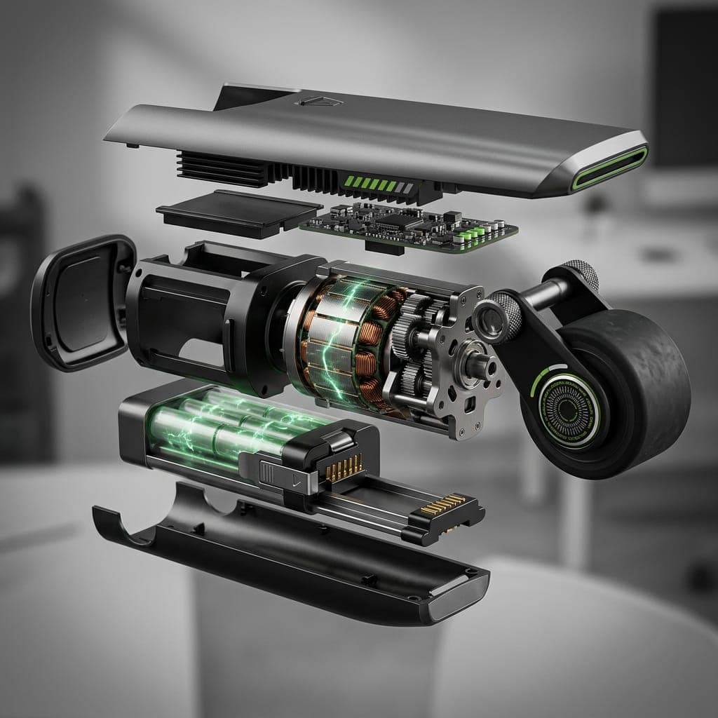Vista explosionada de un gadget futurista mostrando motor, circuitos y baterías con energía verde brillante.