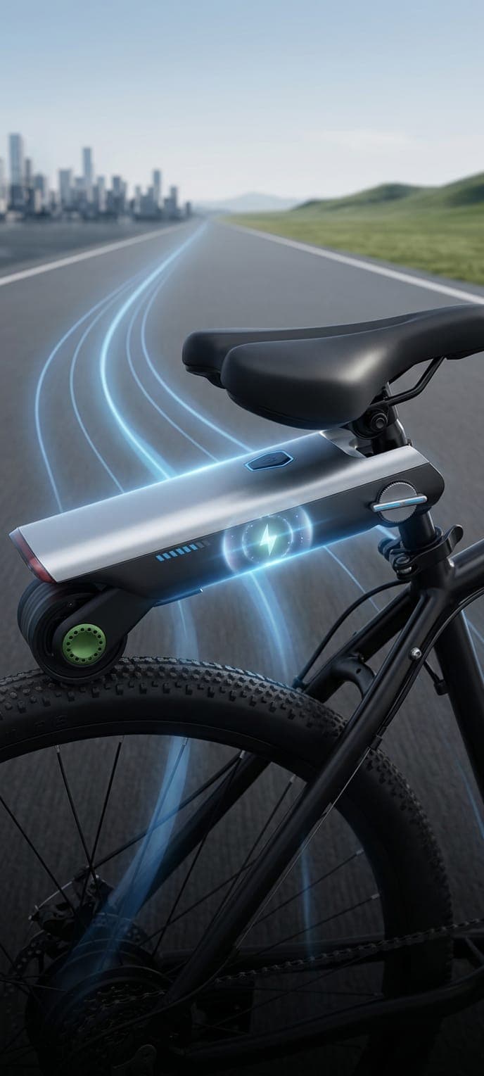 Motor eléctrico sobre rueda trasera de bicicleta con estelas de luz azul hacia la ciudad.