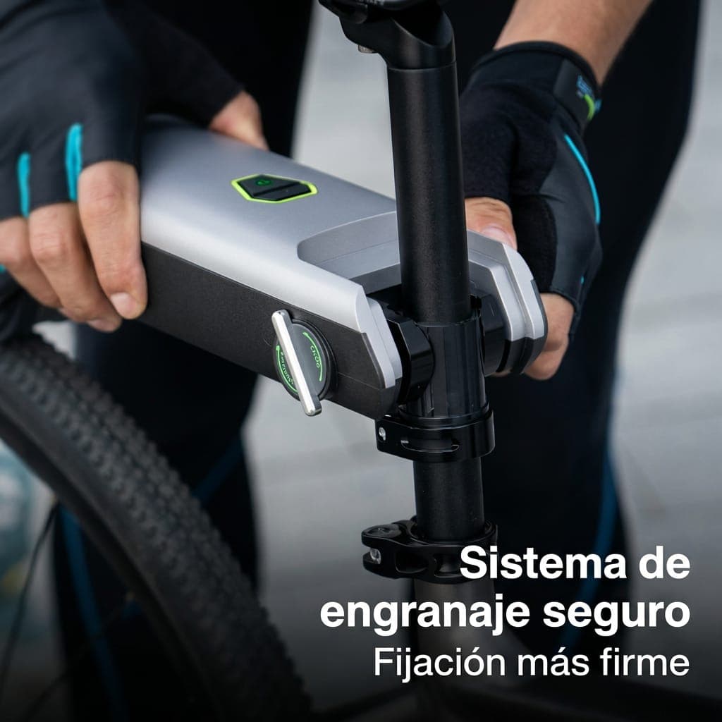 Manos con guantes fijando firmemente un dispositivo plateado a la tija de una bicicleta.