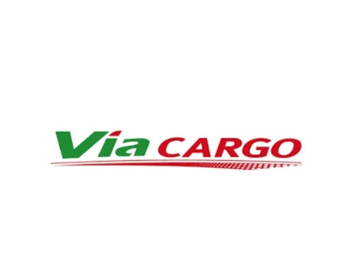 Logotipo de Via CARGO con texto verde y rojo sobre una línea roja decorativa.