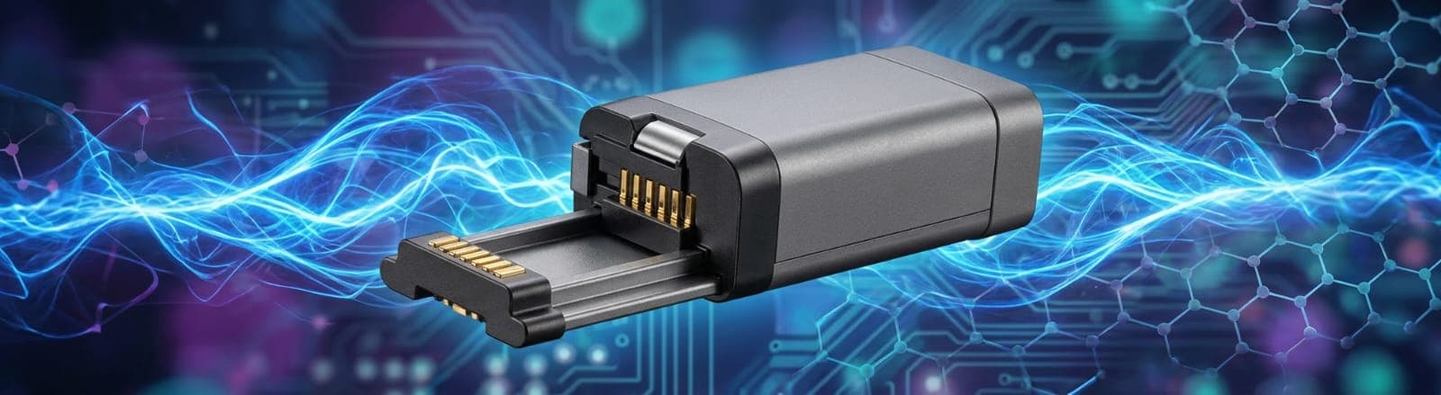 Batería negra con contactos dorados sobre un fondo tecnológico de circuitos y energía azul brillante.